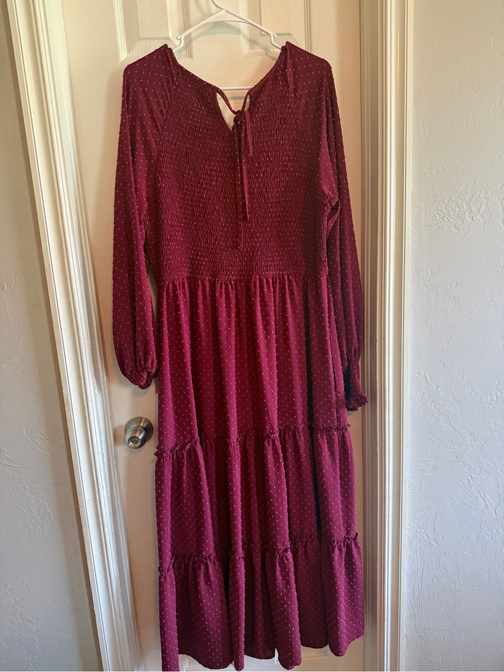 Long Sleeve Burgundy Tiered Maxi Dress with Tie Back - Picture 4 of 4